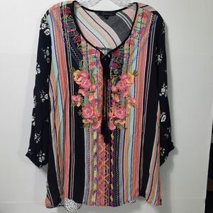 Calessa Boho Floral Embroidered Stripe Tunic Shirt Size 1X Black Pink